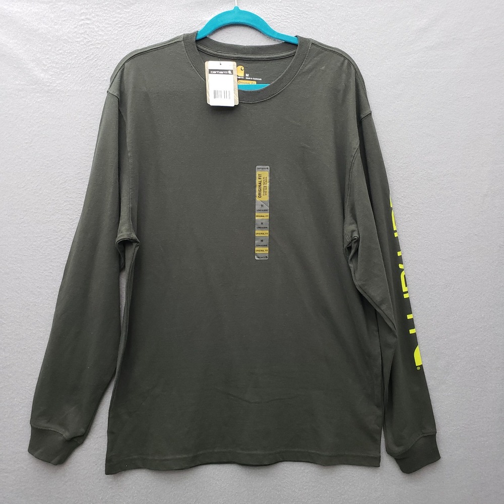 Carhartt Long Sleeve Crewneck Tee Shirt Dark Green Neon Spellout Workwear M NWT